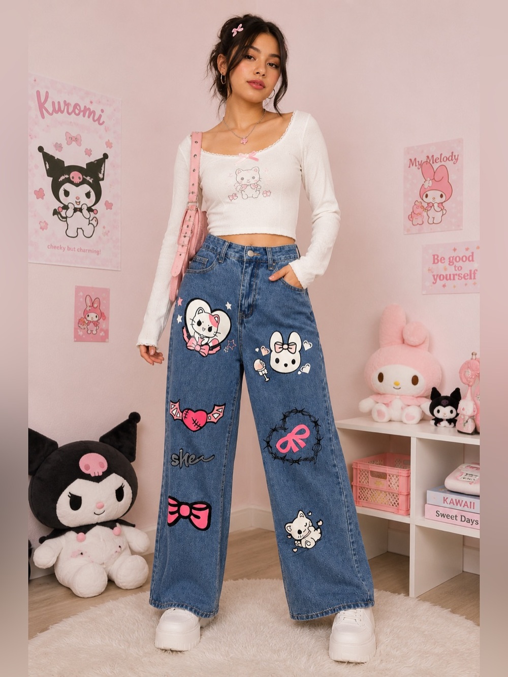 Romwe Kawaii Wide Leg Graphic Jeans Y2K Harajuku Cartoon Denim Pants Size XS